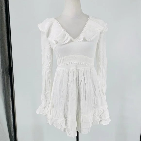 White Long Sleeve V-Neck Open Back Ruffle Hem Mini Dress - Picture 8 of 17